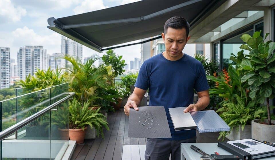 Material comparison between solution-dyed canvas, insulated composite panels, and polycarbonate awning roofing in Singapore