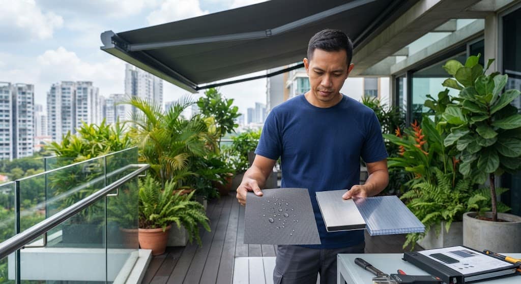 Material comparison between solution-dyed canvas, insulated composite panels, and polycarbonate awning roofing in Singapore