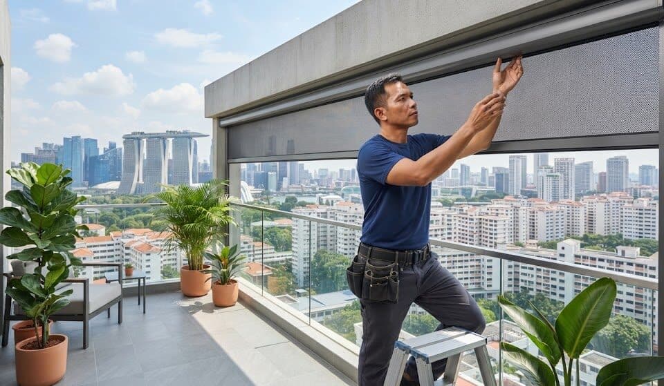 Professional installation of balcony shading system for new Singapore BTO flat and condo TOP handover