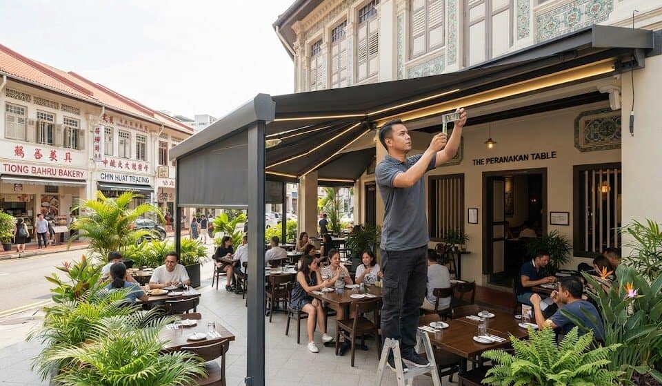 Engineered commercial awning sheltering an alfresco restaurant outdoor refreshment area in Singapore