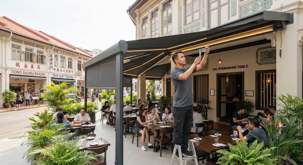 Engineered commercial awning sheltering an alfresco restaurant outdoor refreshment area in Singapore