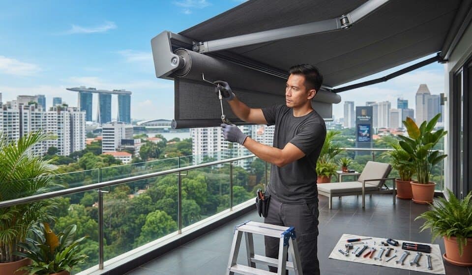 Professional awning repair technician tensioning replacement fabric on a residential balcony in Singapore