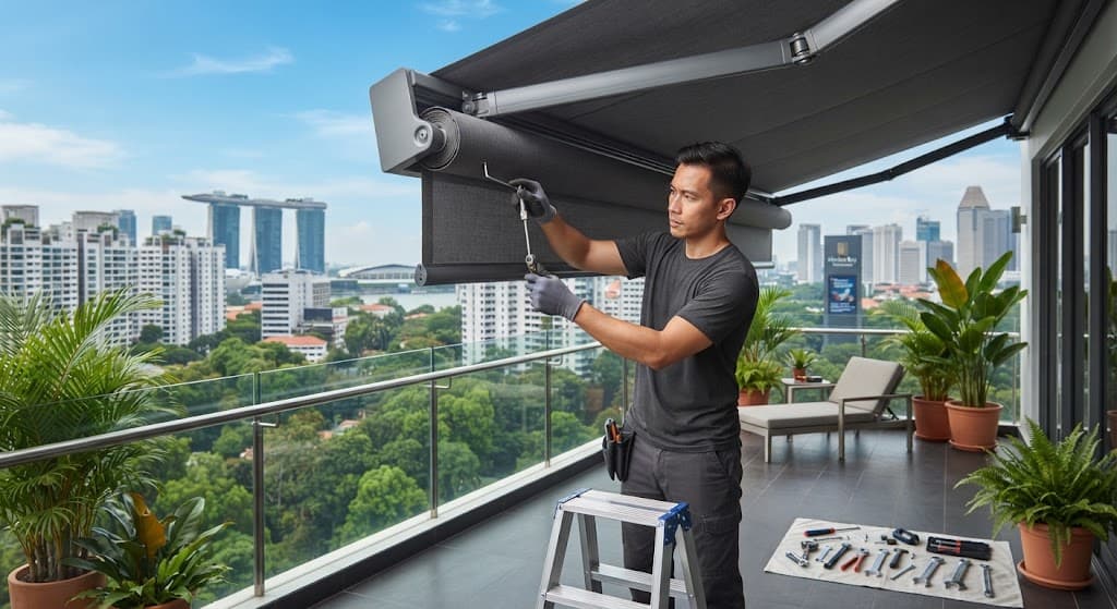 Professional awning repair technician tensioning replacement fabric on a residential balcony in Singapore
