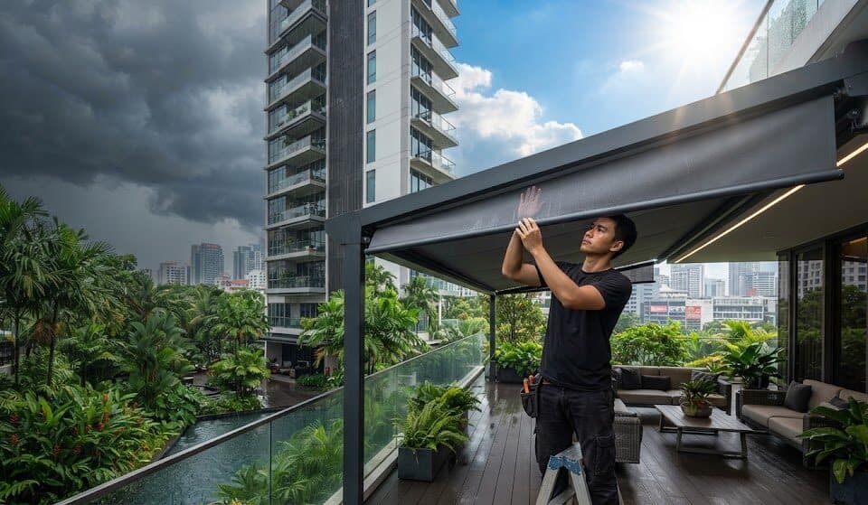 High-performance weather-resistant outdoor shading system installed on a modern Singapore home