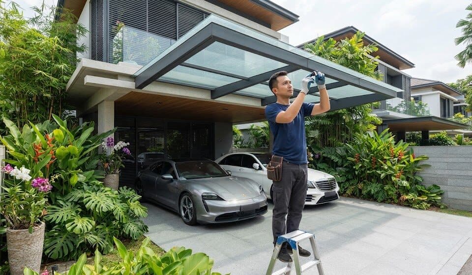 Structural laminated glass canopy installed over a modern landed property car porch in Singapore