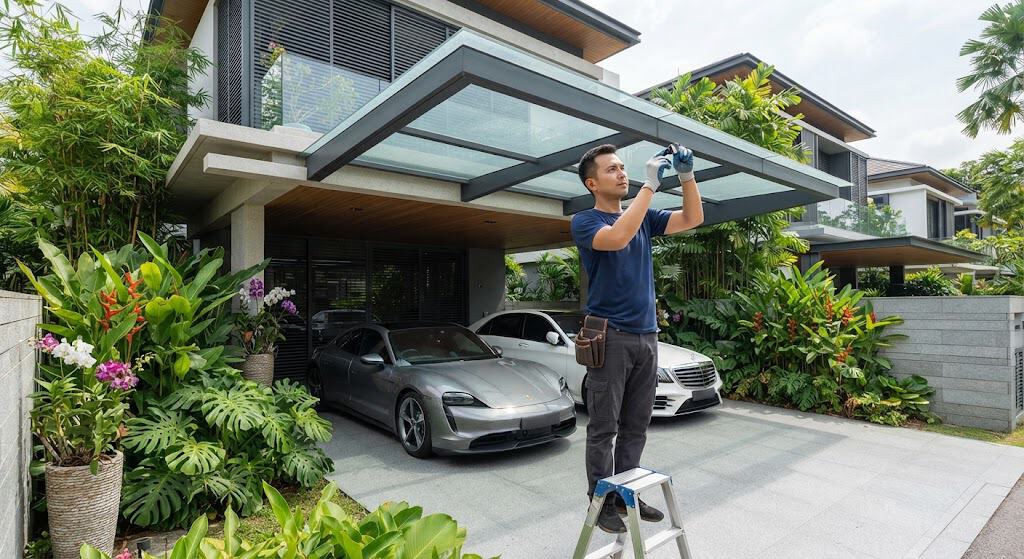 Structural laminated glass canopy installed over a modern landed property car porch in Singapore