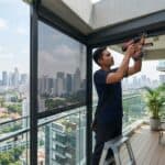 Professional installation of compliant outdoor balcony shade in a modern Singapore residential development