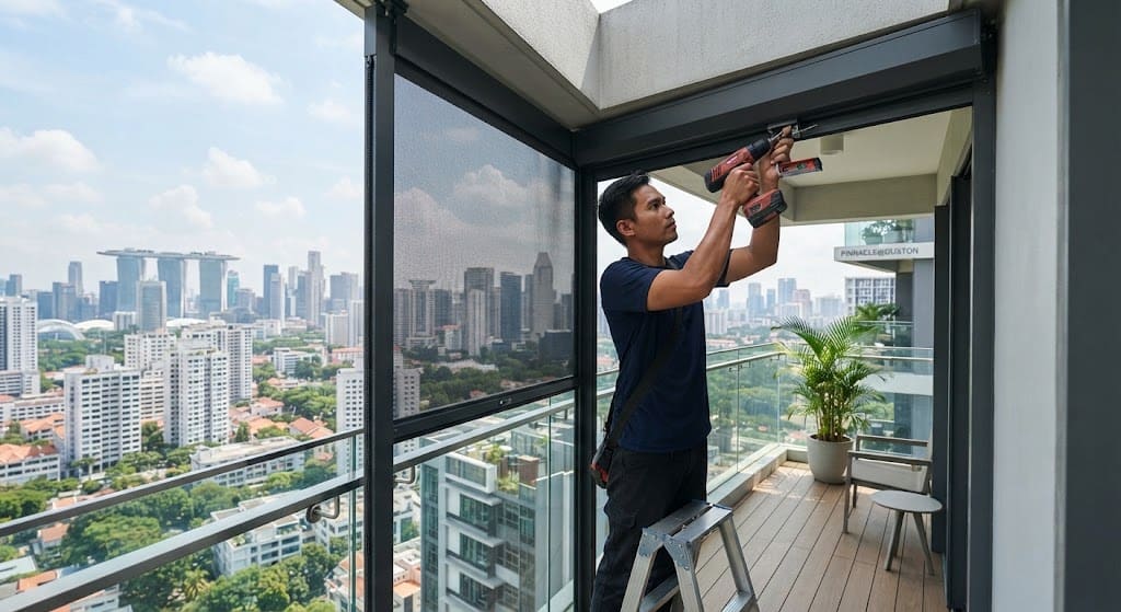 Professional installation of compliant outdoor balcony shade in a modern Singapore residential development